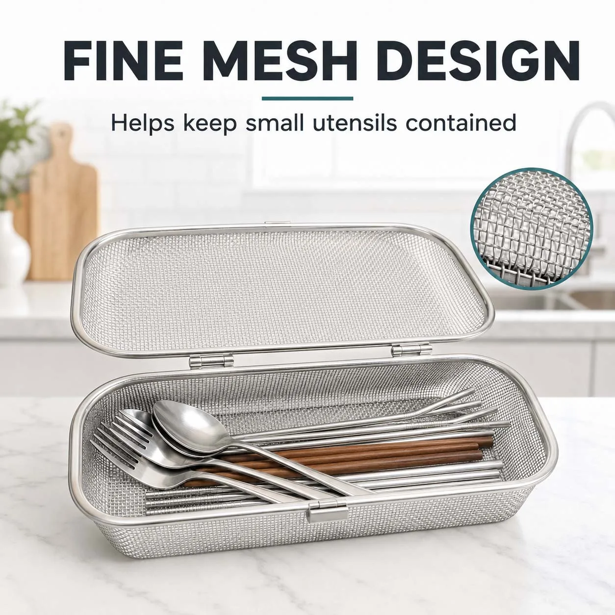 304 Stainless Steel Dishwasher Utensil Basket, Fine Mesh Storage Box with Hinged Lid for Small Kitchen Tools