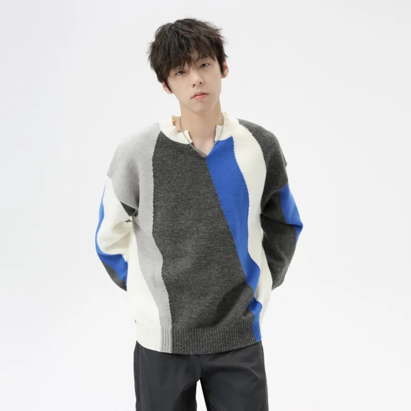 

SYUHGFA Men's Wear V-neck Sweater 2024 Autumn Winter Loose Korean Style High Street Contract Color Kintted Sweater Pullover