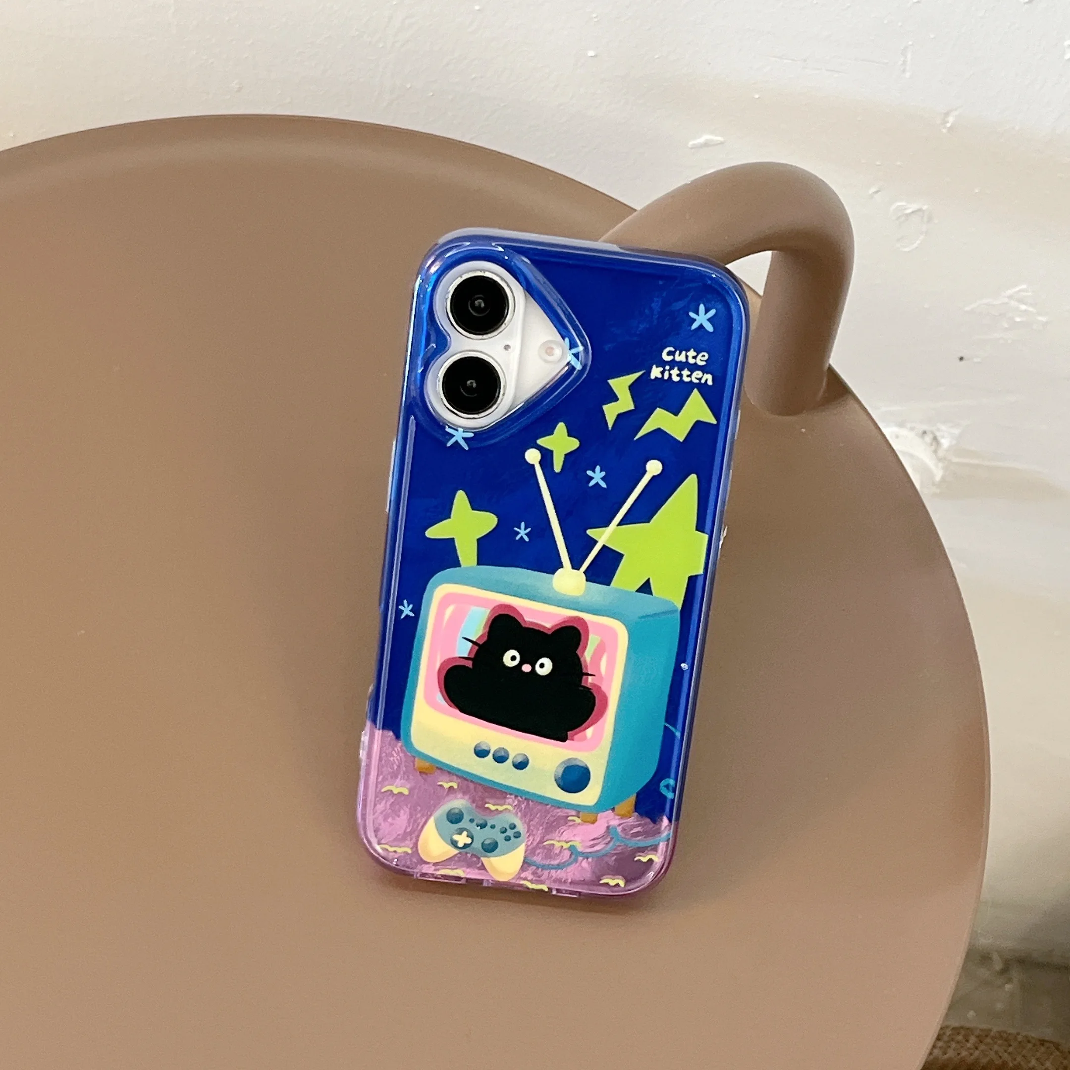 Cartoon INS Blue Kitten in TV Double Layers IMD Lovely Phone Case for iPhone 16 15 14 13 Pro Max Back Phone Cover Capa
