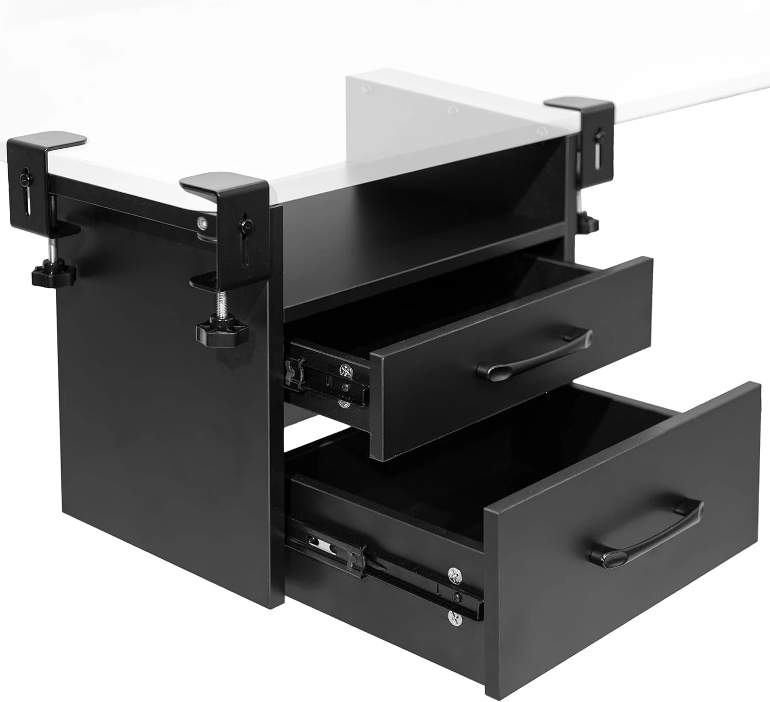 Corner Clamp-on Under Desk Drawer and Shelf System, Office Accessory Holder for Supplies, Gaming Devices, and More,