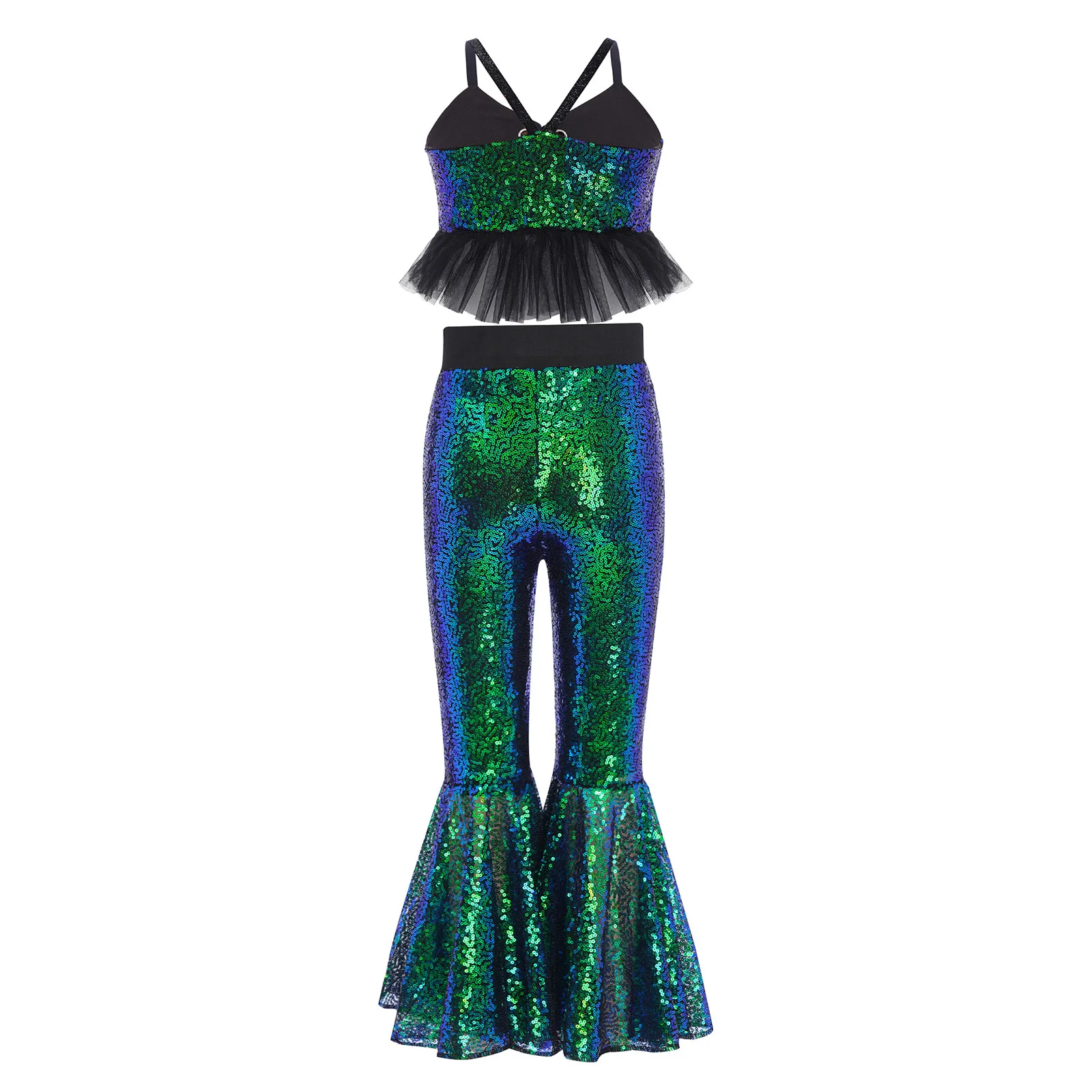 أطفال بنات لامعة ملابس رقص الجاز الزي الهيب هوب 70s خمر ديسكو الهبي زي تول الكشكشة الترتر المحاصيل الأعلى + جرس أسفل السراويل