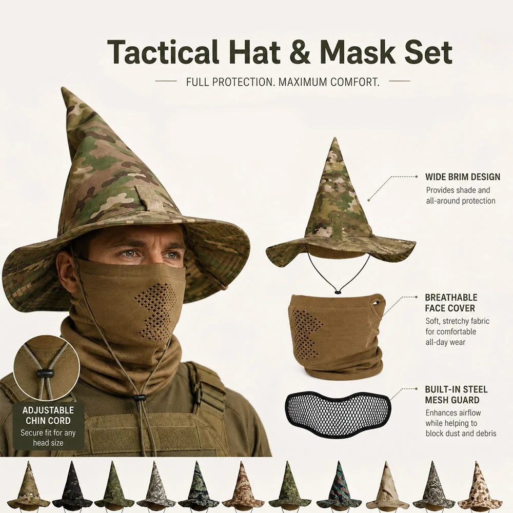 Wide Brim Camo Sun Hat Set Tactical Wizard Hat with Breathable Face Mask Steel Mesh Guard Cover for Camping Airsoft CS Wargame