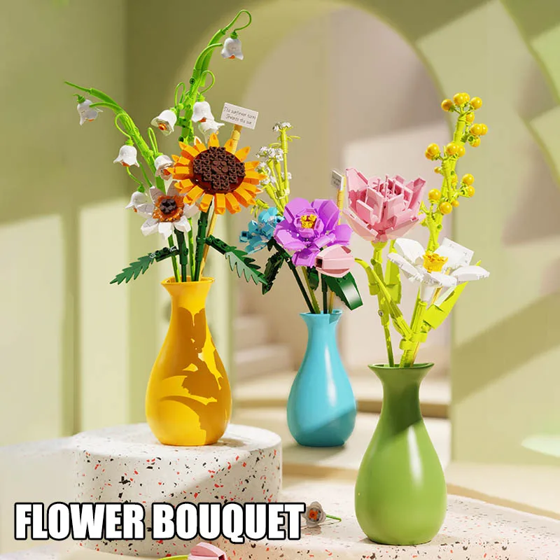 Creative Flower Bouquet Sunflower Gypsophila Mini Size Building Blocks DIY Flowers Vase Home Decoration Potted Plants For Kids