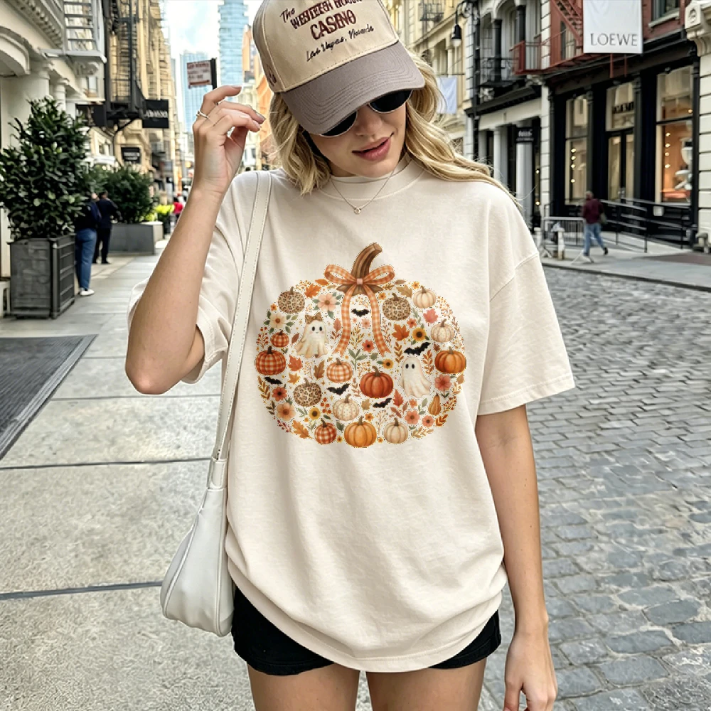 Coquette Fall Pumpkin Collage Graphic T Shirt Cute Ghost Floral Plaid Bow Bat Autumn Harvest Print Tee Halloween Casual Gift Top