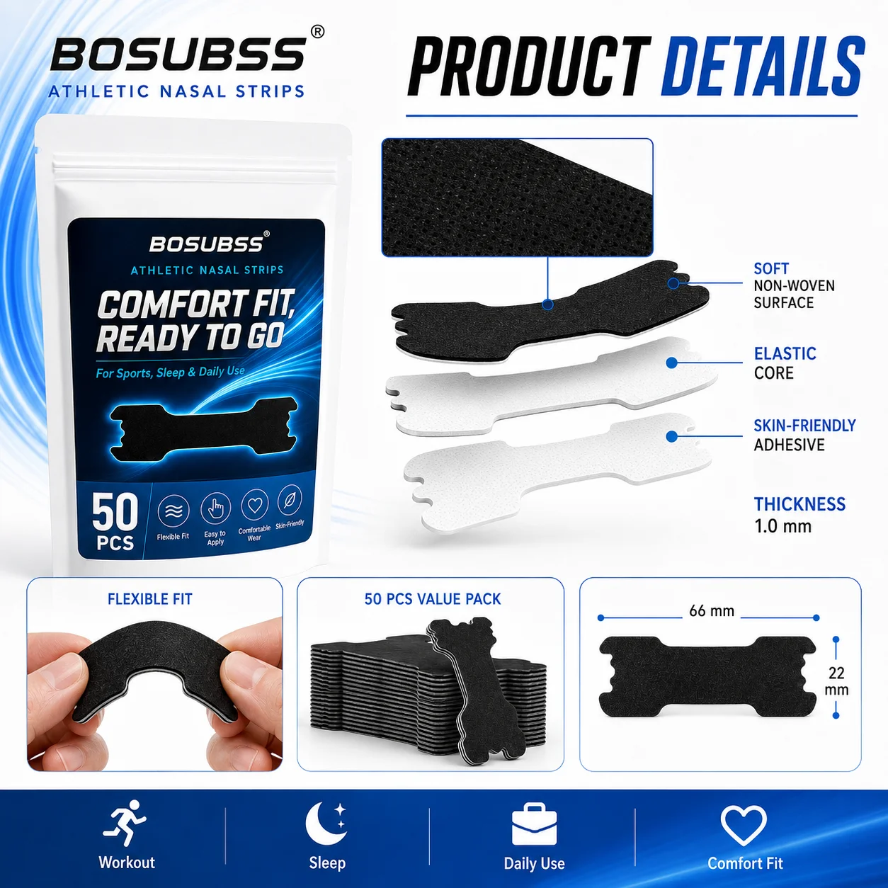 Schwarzes Nasenpflaster, geeignet für verschiedene Anlässe, Sport, Fitness, Schlaf, weich und bequem, tragbar. – Detail 2