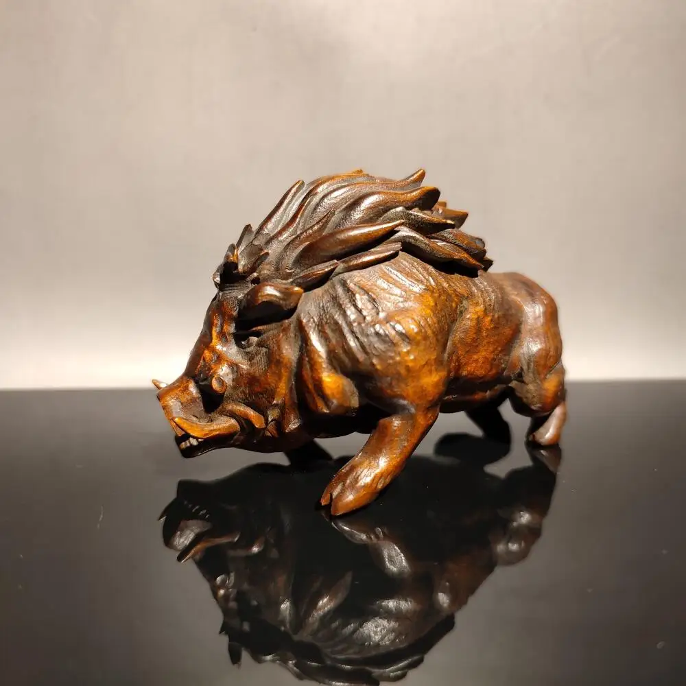 Hand Carved Boxwood Wild Boar Figurine Statue Vintage Wooden Animal Sculpture Oriental Desktop Decor Craft Gift