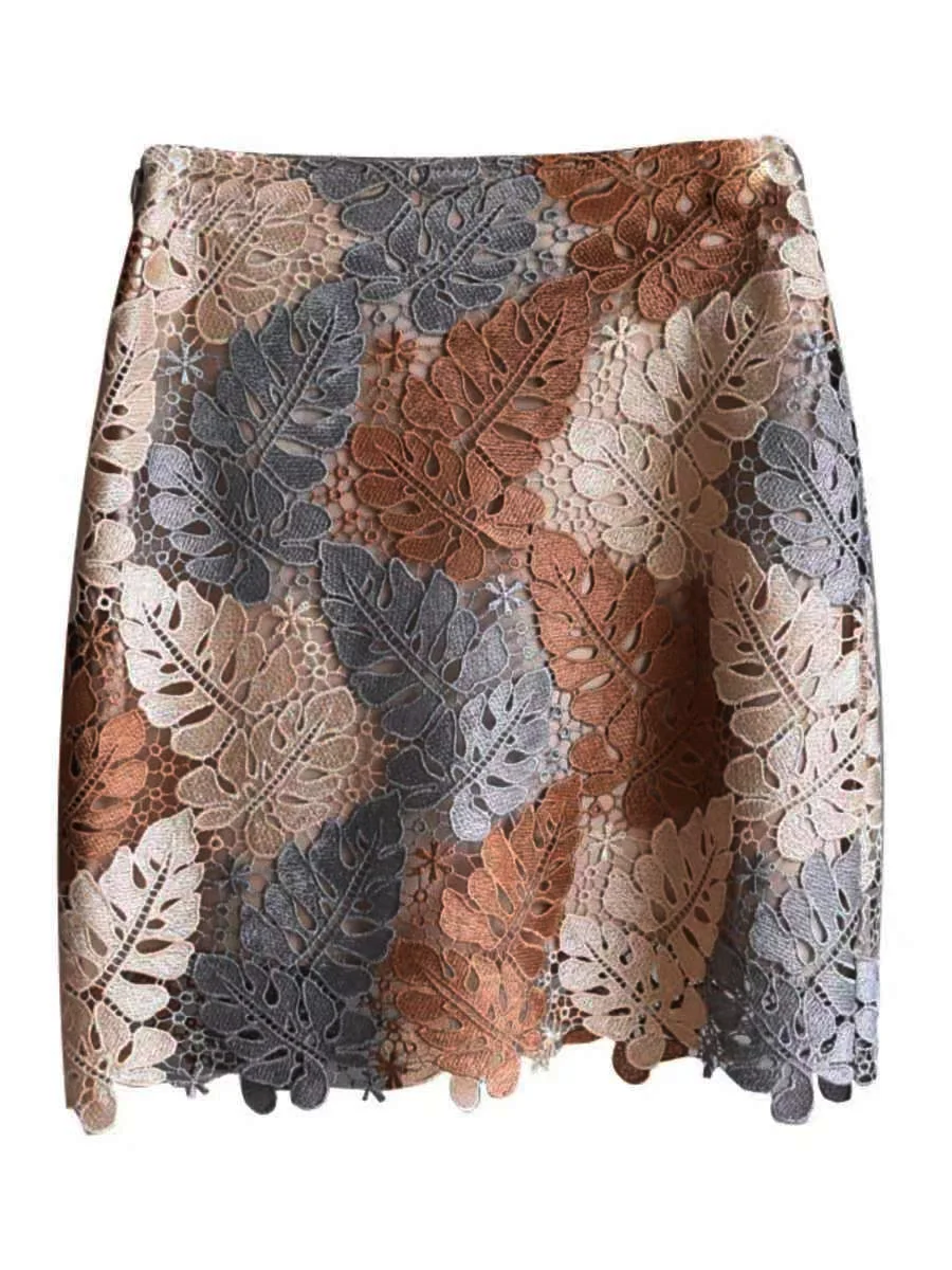 Short Style Brown Lace Mini/Knee Pencil Skirt Bi-material Skirt For Suits With Zipper Floral Luxury SKirts Jupe Femme Bi Matiere