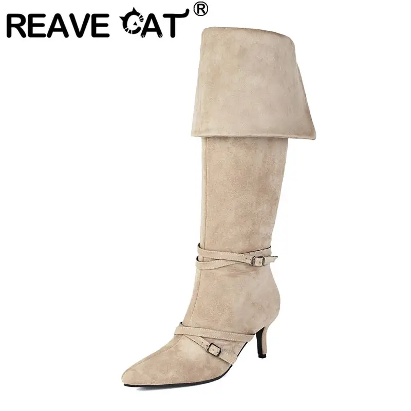 

REAVE CAT Black Flock Suede Women Thigh Boots Pointed Toe 6.5cm Thin Heels Double Wear Sexy Over Knee High Bota Oversize 45 46