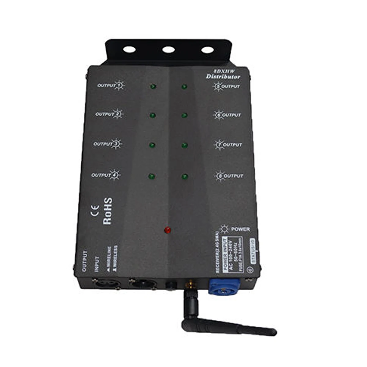 8 Way Wireless Separate DMX Splitter Distributor Booster DMX512/1990 Signal Data 1 Input 4 Output Side Installed Powercon In