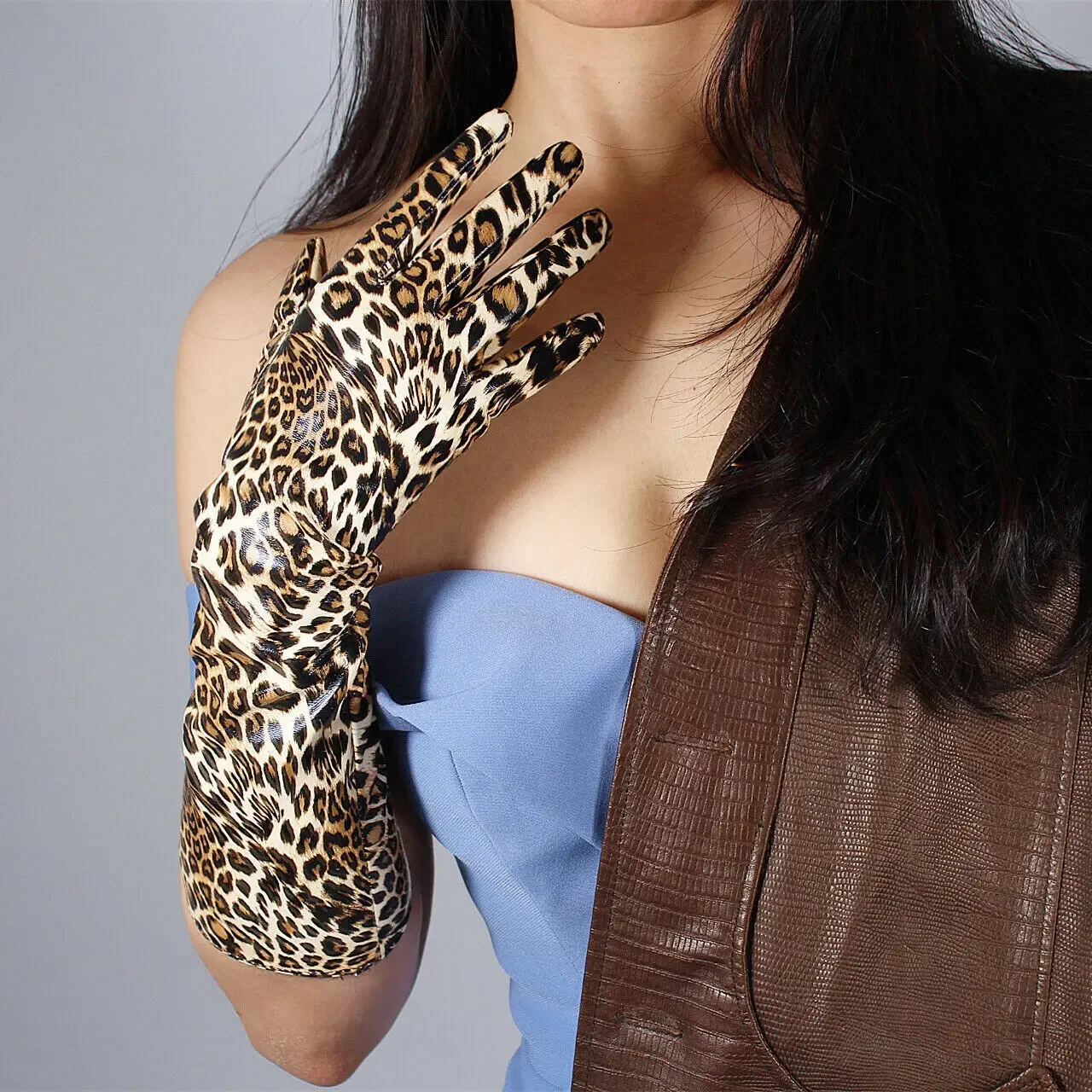 Brown Leopard GLOVES LATEX Look Elbow Long 40cm Shine Faux Leather Cheetah Fashion Opera Animal Print Glove Halloween Cosplay