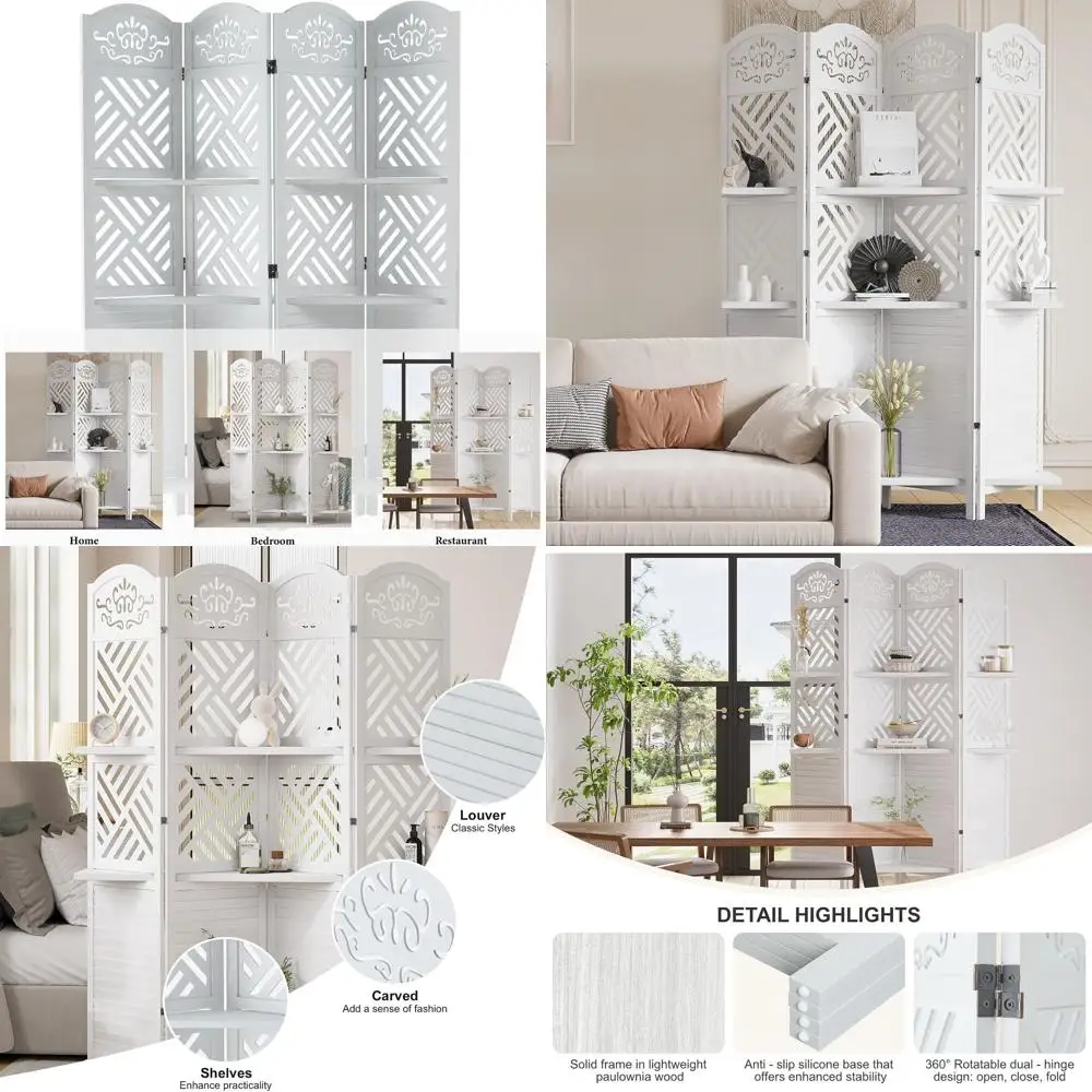 

5.75ft Tall Folding Wooden Room Divider with Shelves, 4-Panel White Carved Screen for Home, Office, and Hotel Decor