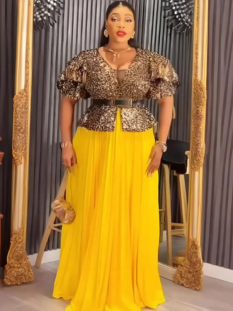 

Elegant African Dresses for Women Luxury Sequin Evening Party Long Dress Plus Size Turkey Wedding Gown 2025 New Ladies Clothing