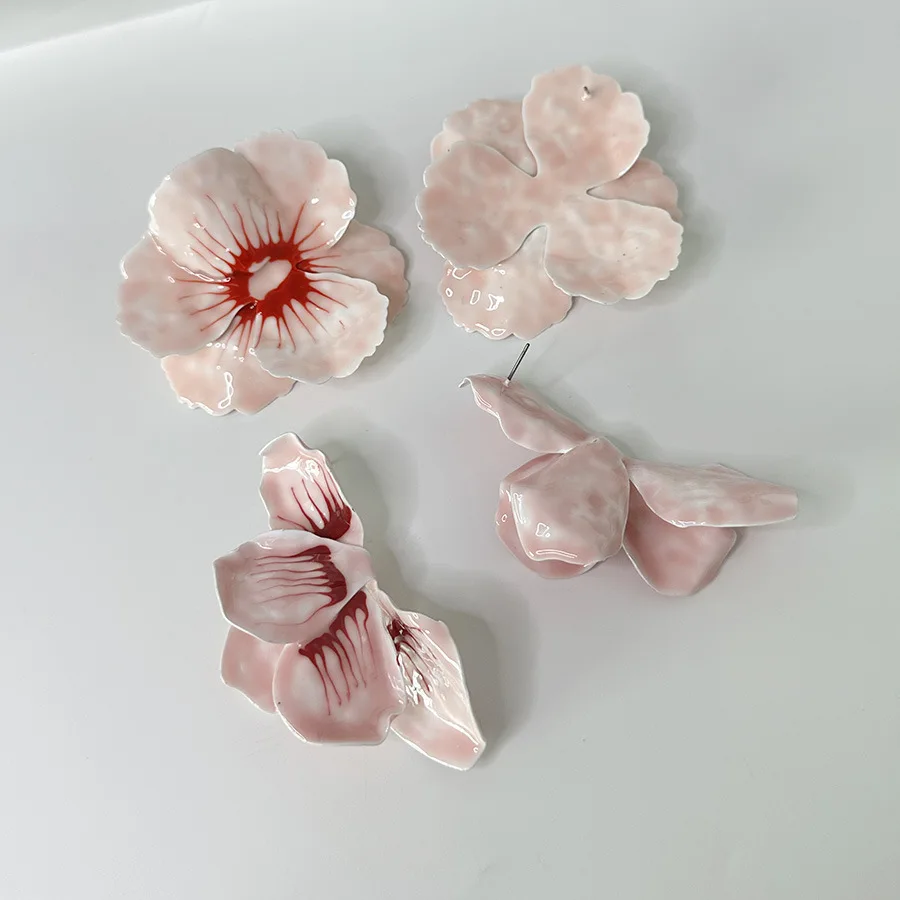 Metal Pink Drops Glaze Enamel Flower Earrings for Women Girl European and American Personality Exaggerated Romantic Jewelry Gift