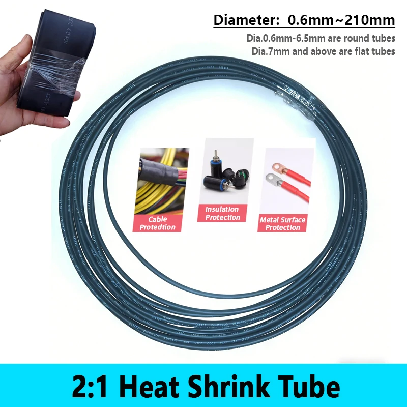 

1~10m Black 2:1 Heat Shrink Tube Dia. 0.6mm~210mm DIY Polyolefin Electronic Component DIY Connector Repair Cable Sleeving Wrap