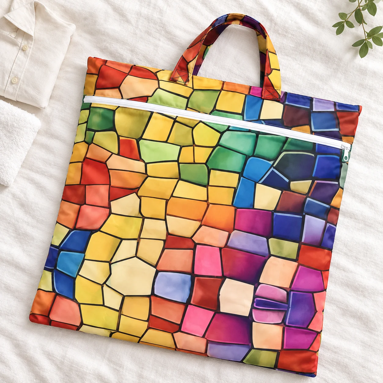 Zipper design handbag with handle, suitable for carrying small items. Polyester material, can be used as a beach diaper laundry
