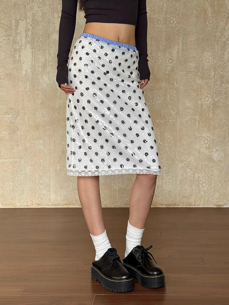 ReddaChic Polka Dot Sequin Skirt Summer Vintage Stitch Lace Trim Elastic Waist Straight Knee Long Skirt Party Y2k Women Clothes