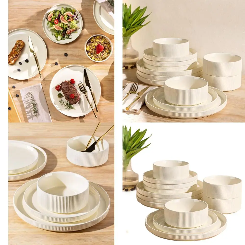 

12-Piece Porcelain Dinnerware Set: Lightweight, Scratch-Resistant Plates & Bowls, Oven, Microwave, Dishwasher Safe, Beige