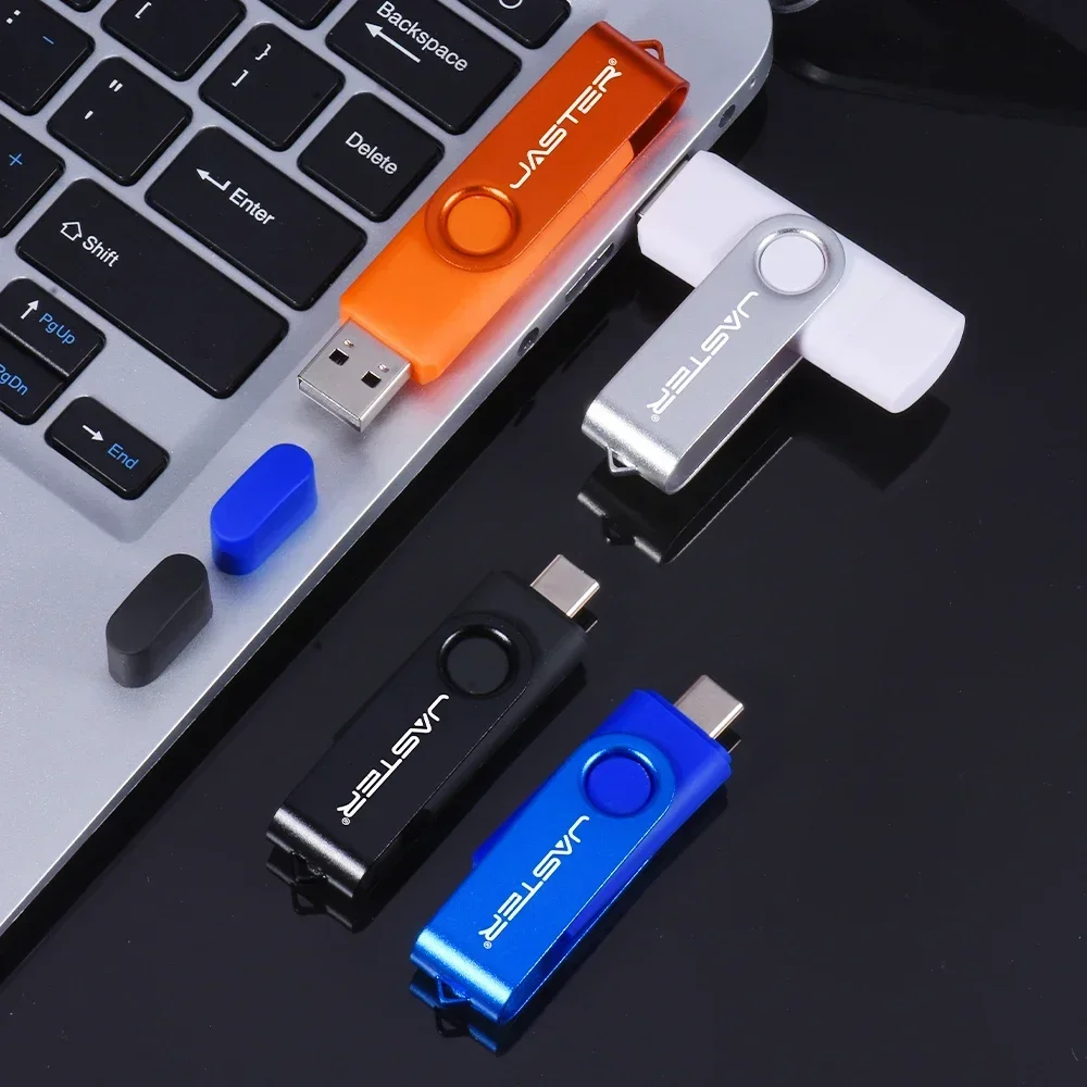 Ponsel TYPE-C 2 in 1 USB Flash Drive, ponsel kecepatan tinggi 128GB ungu dapat diputar Pen Drive 64GB dengan gantungan kunci stik memori hijau 8GB