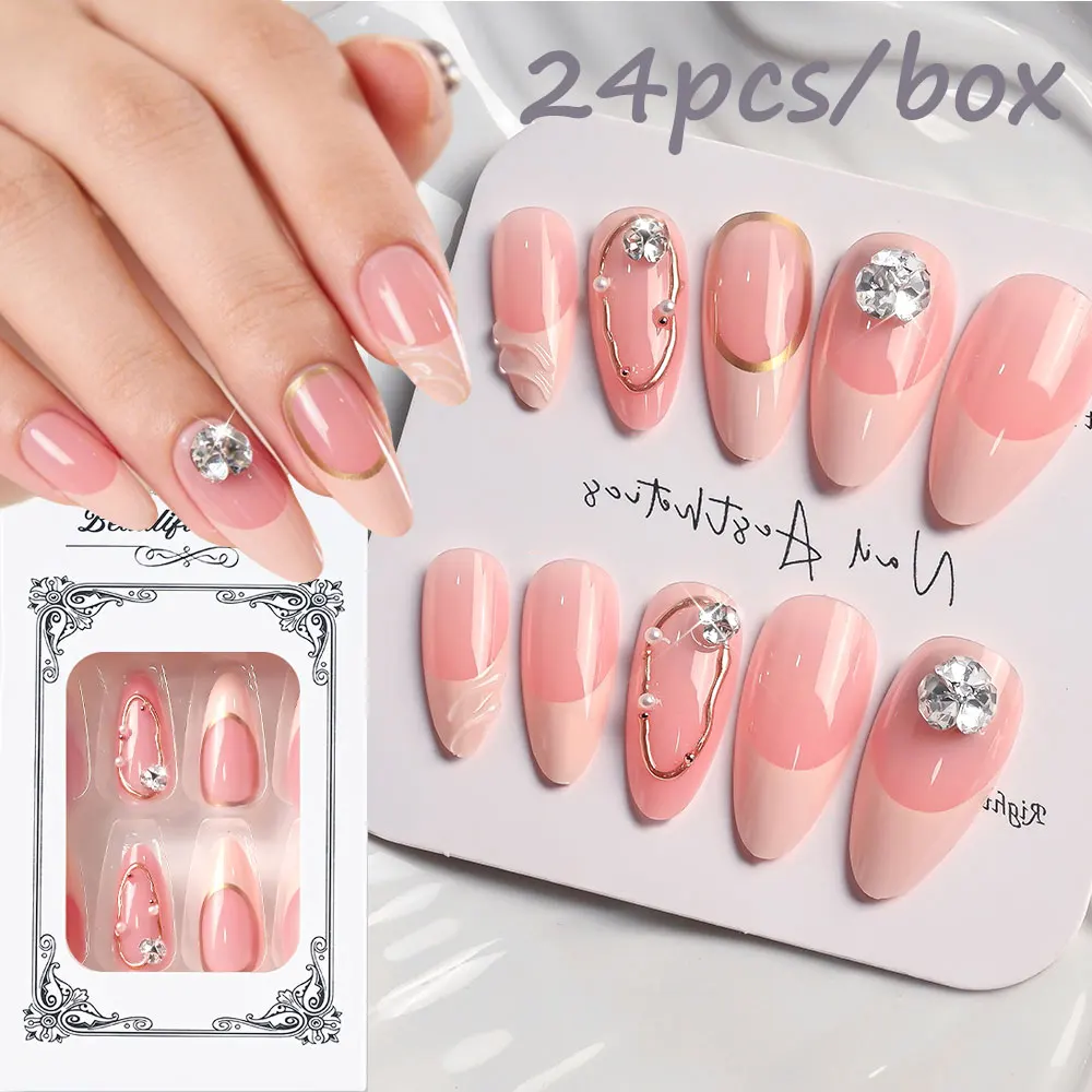 24Pcs Elegant Pink French Tip Press On Nails Pink Nude Almond Fake Nail with Rhinestone Gold Line Reusable Full Cover False Nail