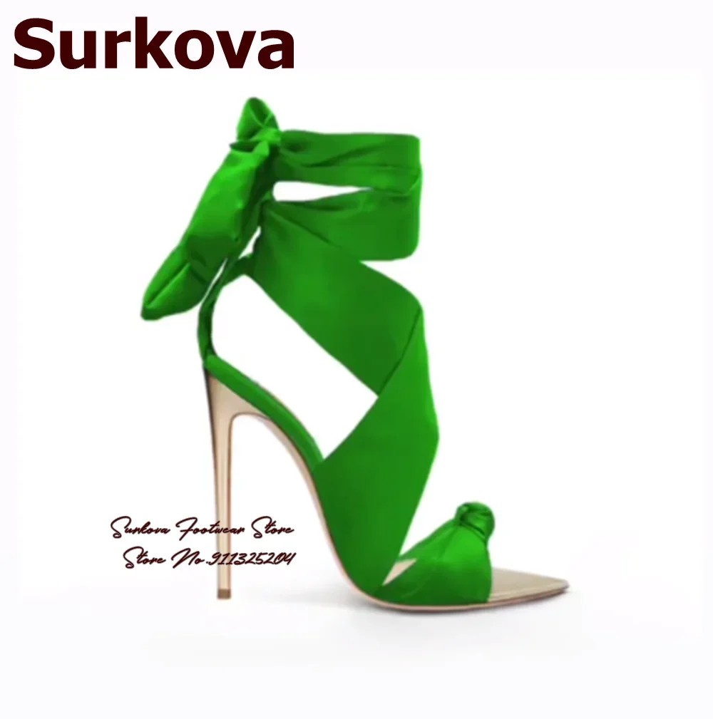 Surkova Golden Heels Royal Blue Satin Sandals Stilettos Pointed Toe Butterfly-know Dress Shoes Lace-up Bunny Ears Bowtie Pumps
