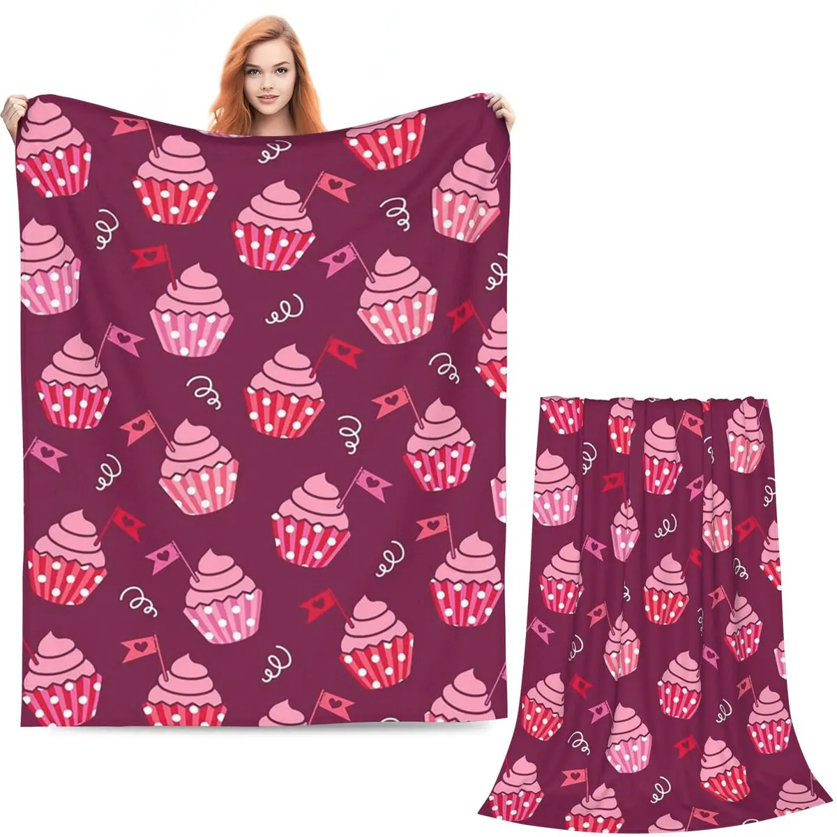 Pink Cupcake Heart Pattern Fairy Cake Blankets Soft Warm Flannel Throw Blanket Bedspread for Bed Living room Picnic Travel Couch