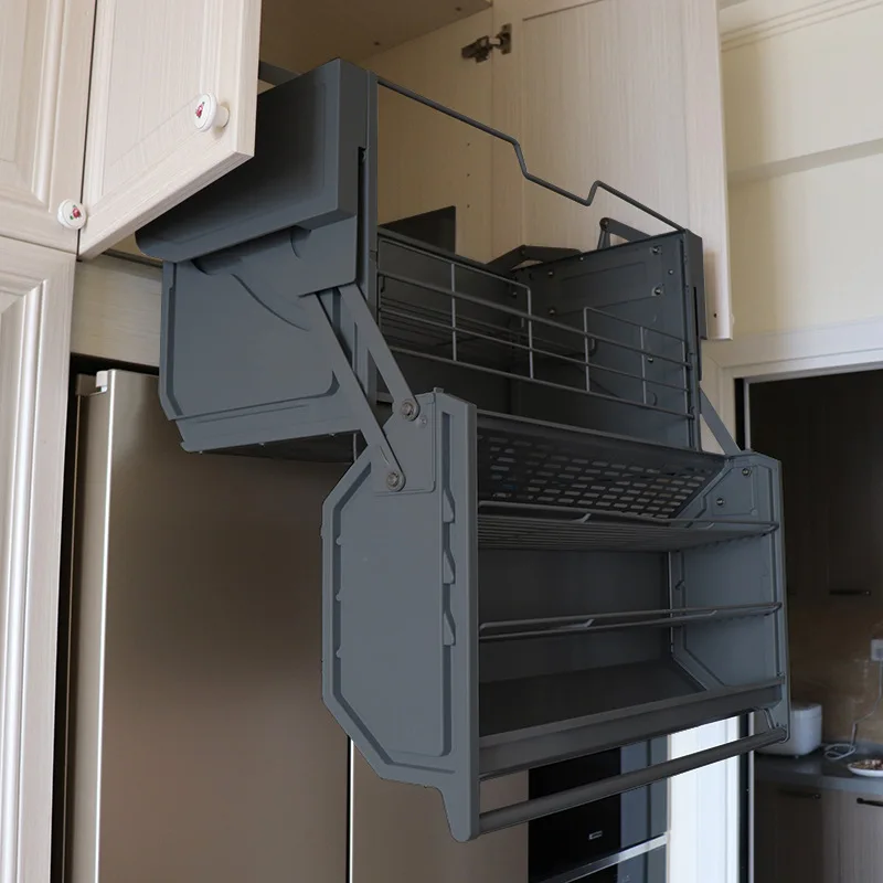 خزانة علوية للثلاجة ذات سعة كبيرة بتصميم عصري مع سلة رفع ومصعد تخزين المطبخ