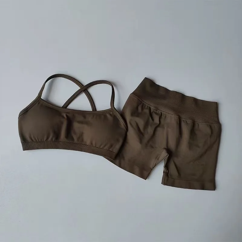 Sexy Neckholder-Sport-BH mit schönem Rücken, hoher Taille, pfirsichfarben, Shorts-Anzug, Pilates, Yoga-Weste, Trainings-Fitness-BH-Set – Detail 8