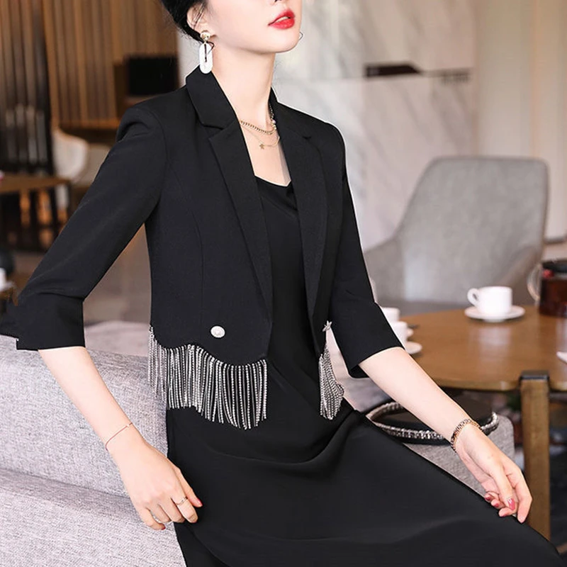 2024 Summer Women's Graceful Tassel Short Blazers Korean Office Lady Elegant Black Suit Coats Camisole Dress 2 Piece Set Outfit