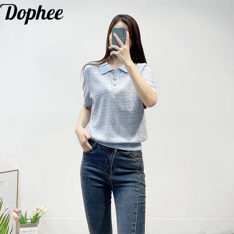 Dophee 2024 New Summer Women Bright Sequins Short Sleeve T-shirt Cute Diamond Button Polo Shirt Solid Color Pullover Knitted Top