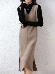 Women's Wool Knit Split A-line Dress, Long Coat Vest, Slim Sleeveless, Monochromatic, Female Midi Dresses, Ladies, Long Coat, Sp