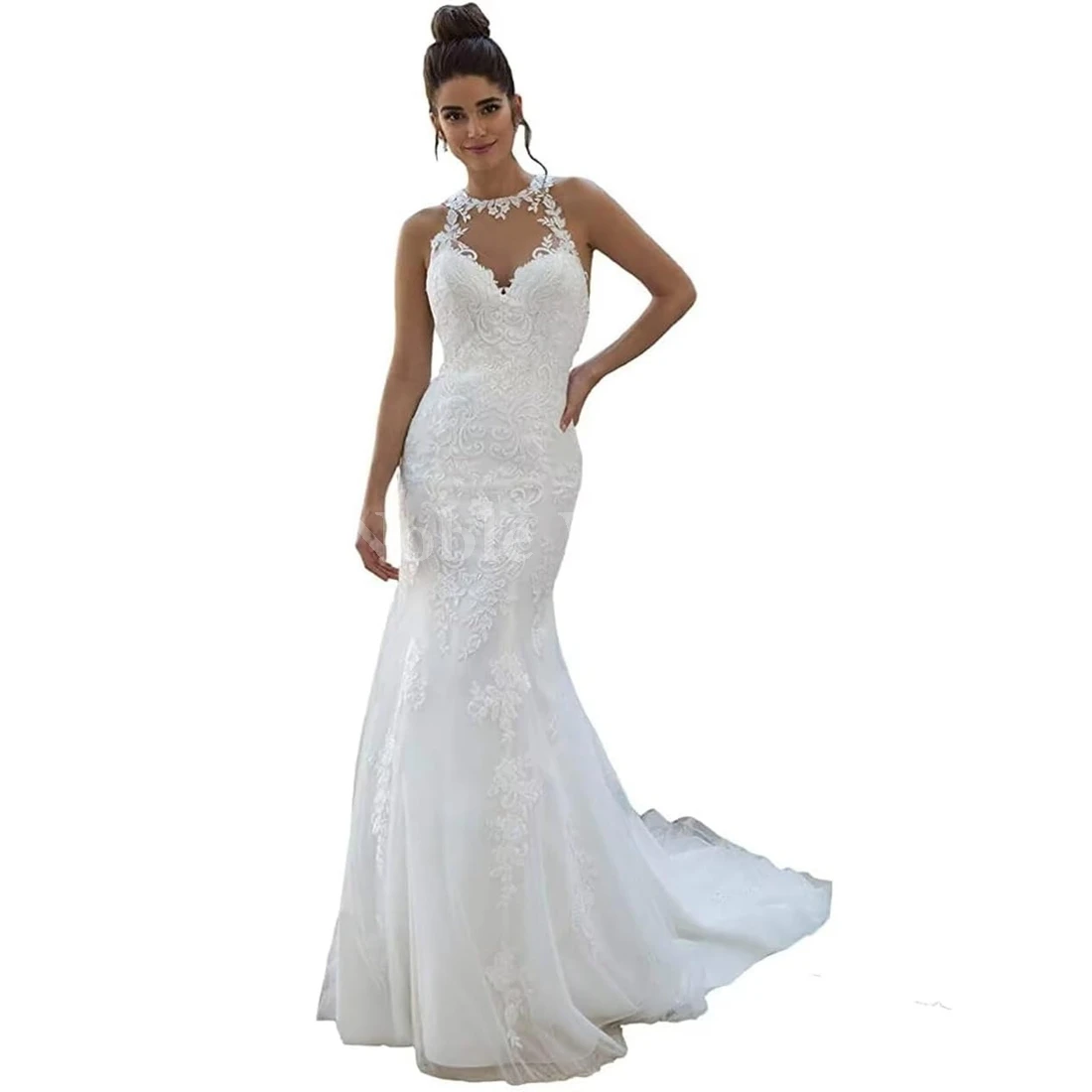 

Long Mermaid Wedding Dress for Bride Sleeveless Lace Applique Formal Prom Gowns