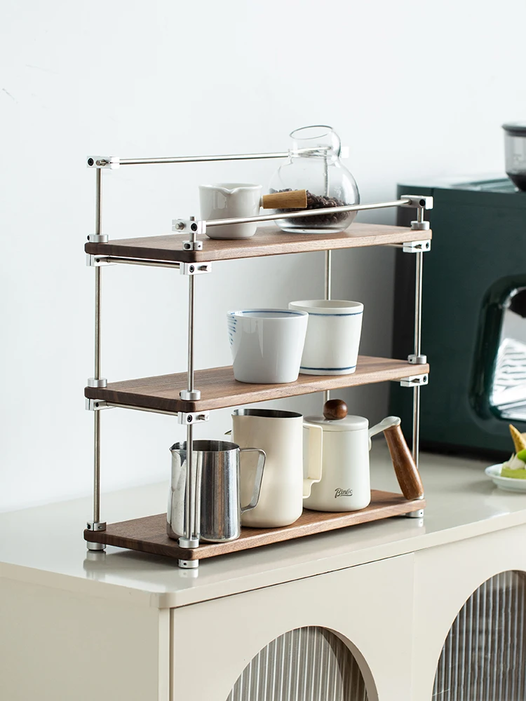 

Black Walnut Wood Axis Adjustable Coffee Utensils Storage Rack Cup Display Stand Industrial Style Rectangular Shelf Holder