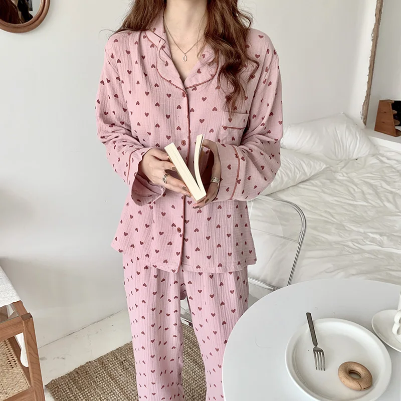 

Heart Print Autumn Pajamas Set 100% Cotton Single Breasted Shirts + Pants Suit Sweet Kawaii Sleepwear Loose Homewear Vintage