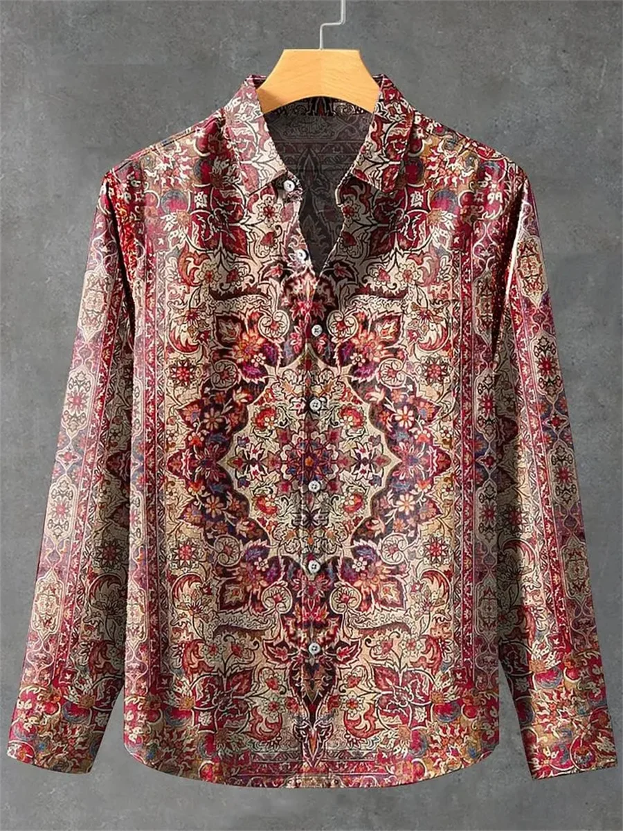 2025 Spring and Autumn Hot Selling Men's Linen Long Sleeve Shirt Retro Pattern Printed Shirt Casual Fashion Top
