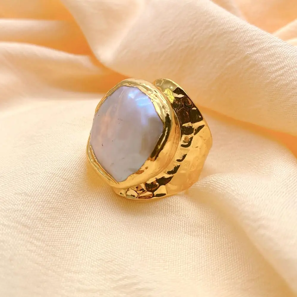 Y·YING Cultured White Baroque Pearl Gold Plated Finger Ring Adjustable Rings For Women Jewelry