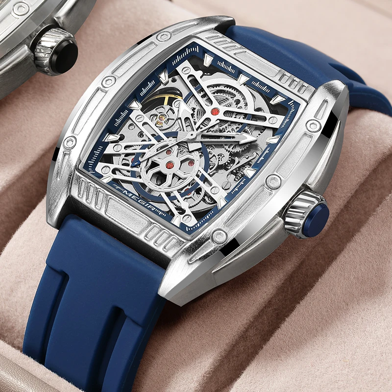 MEGIR 8601 New Blue Wine Barrel Tourbillon Automatic Mechanical Watch Luxury Hollow Dial 30M Waterproof Luxury Watches for Men