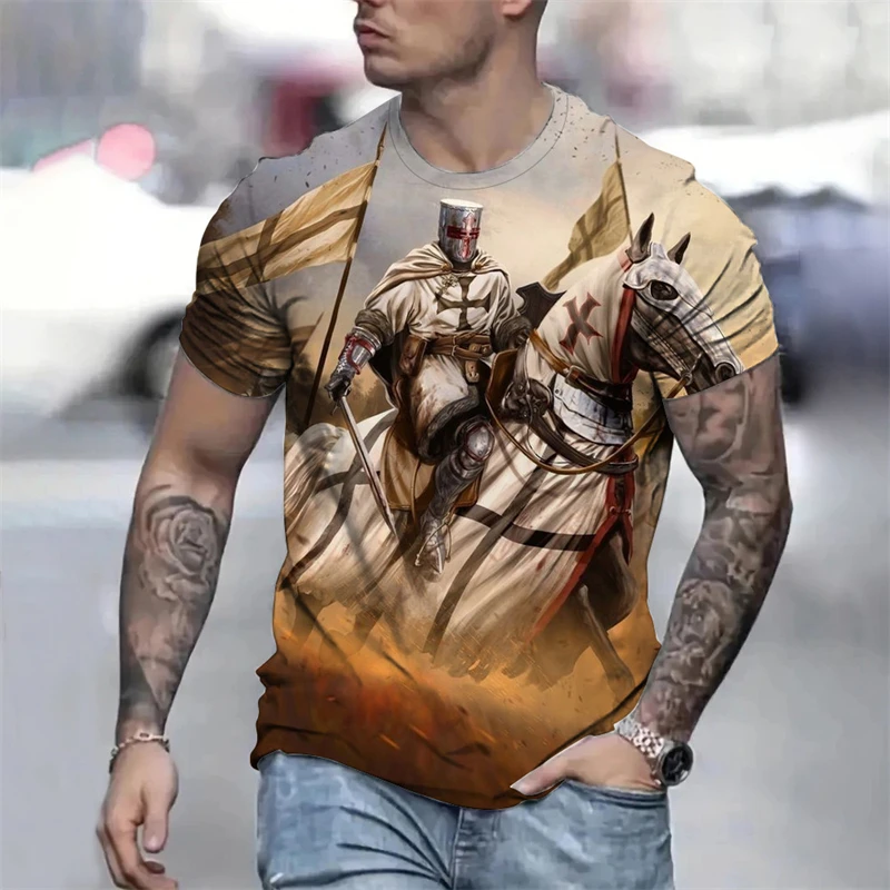 Summer Retro T-shirt Knights Templar 3D Print Men's T-shirts Casual Streetwear Couple Tees Short Sleeve Top Graphic T Shirts Men view 3