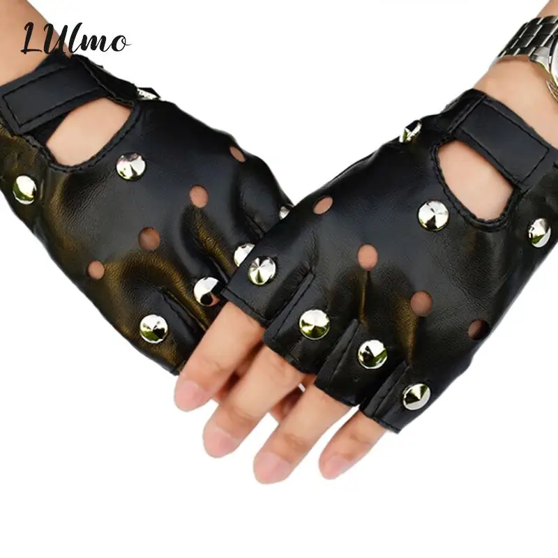 Luxury PU Leather Gloves Mens Theatrical Punk Hip-Hop Glove Women Cool Square Nail Fingerless Gloves Lady Mittens Black