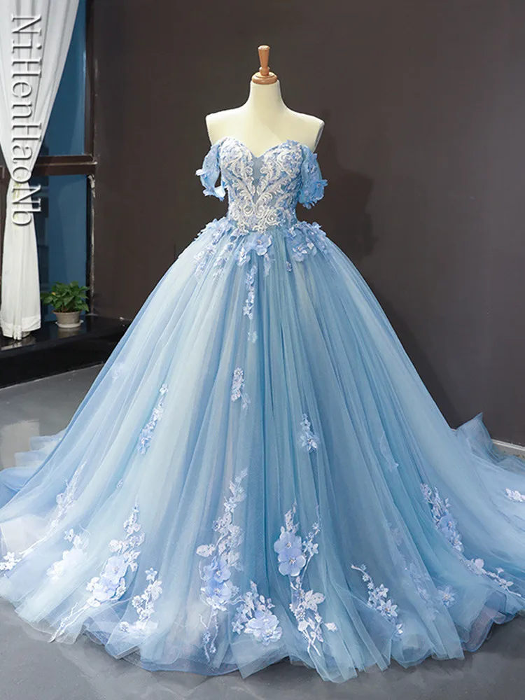 Blue Quinceanera Dresses Off The Shoulder Princess Prom Dress Appliques Ball Gown With Small Train Vestidos De 15