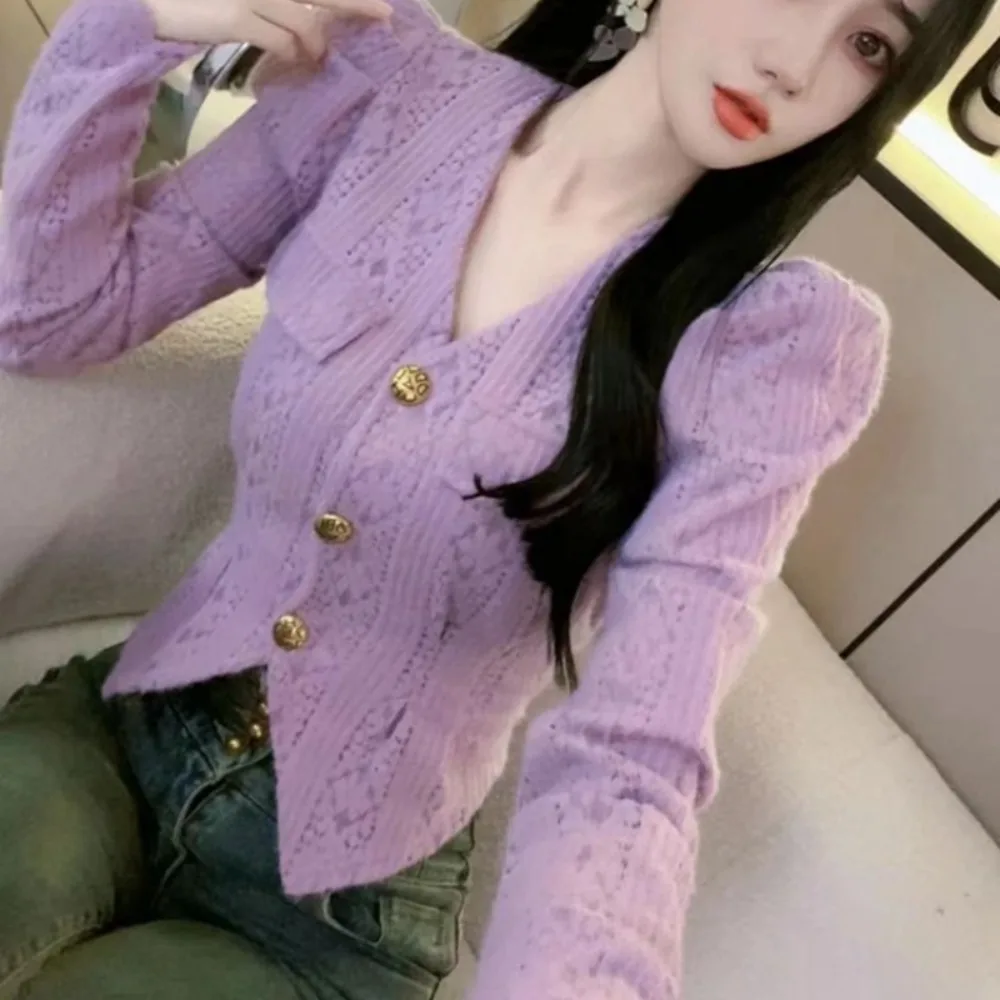 Neploe Simple Slim Hollow Out Commuter Korea Chic Cardigan French Style V Neck Puff Sleeve Knit Jumper Y2K Western Undershirt