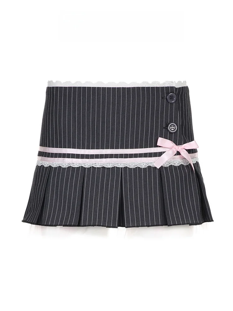 

Плиссированная юбка в кружевную полоску с низкой талией, женская весенне-осенняя милая пряная винтажная юбка для девочек, юбка в стиле ретро