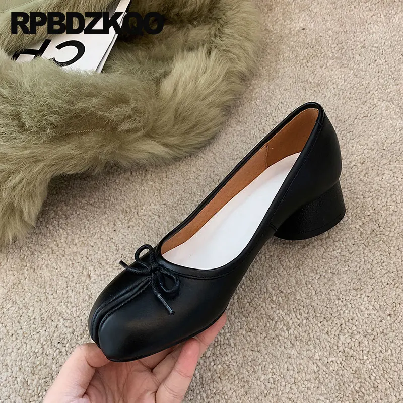 2023 Designer Shoes Round Split Toe Chunky Low Medium Heel Women Real Genuine Leather Ladies Fashion Spring Autumn Bow Slip On