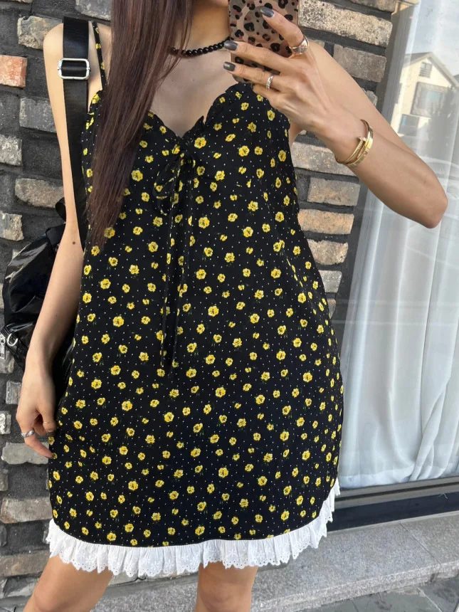 Zoete bloemenprint strapl kanten rand Dr dames zomer casual losse taille geen Sve V-Ne lange Dr-jurk