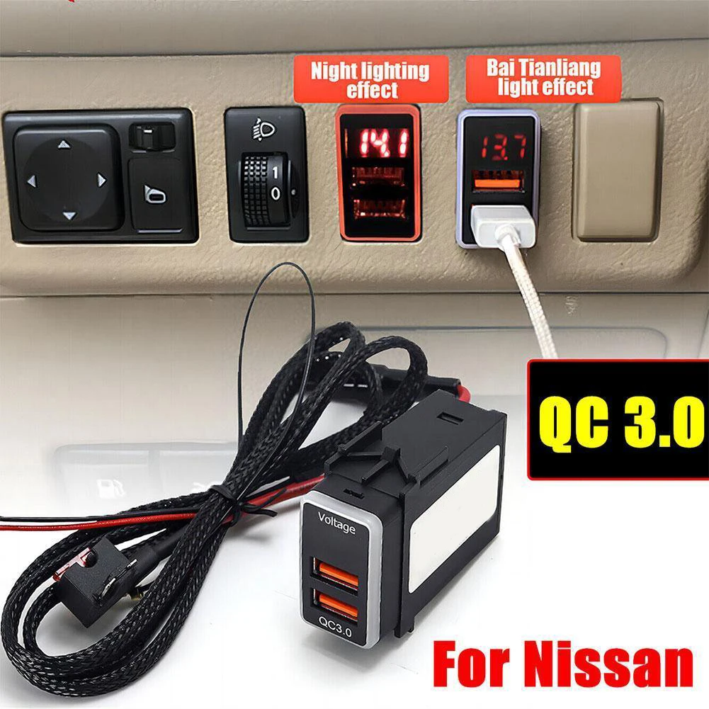 

Dual USB Car Charger QC3.0 Fast Charger Socket 12V Phone Charge Power Adapter Outlet For Nissan LED Digital Voltmeter