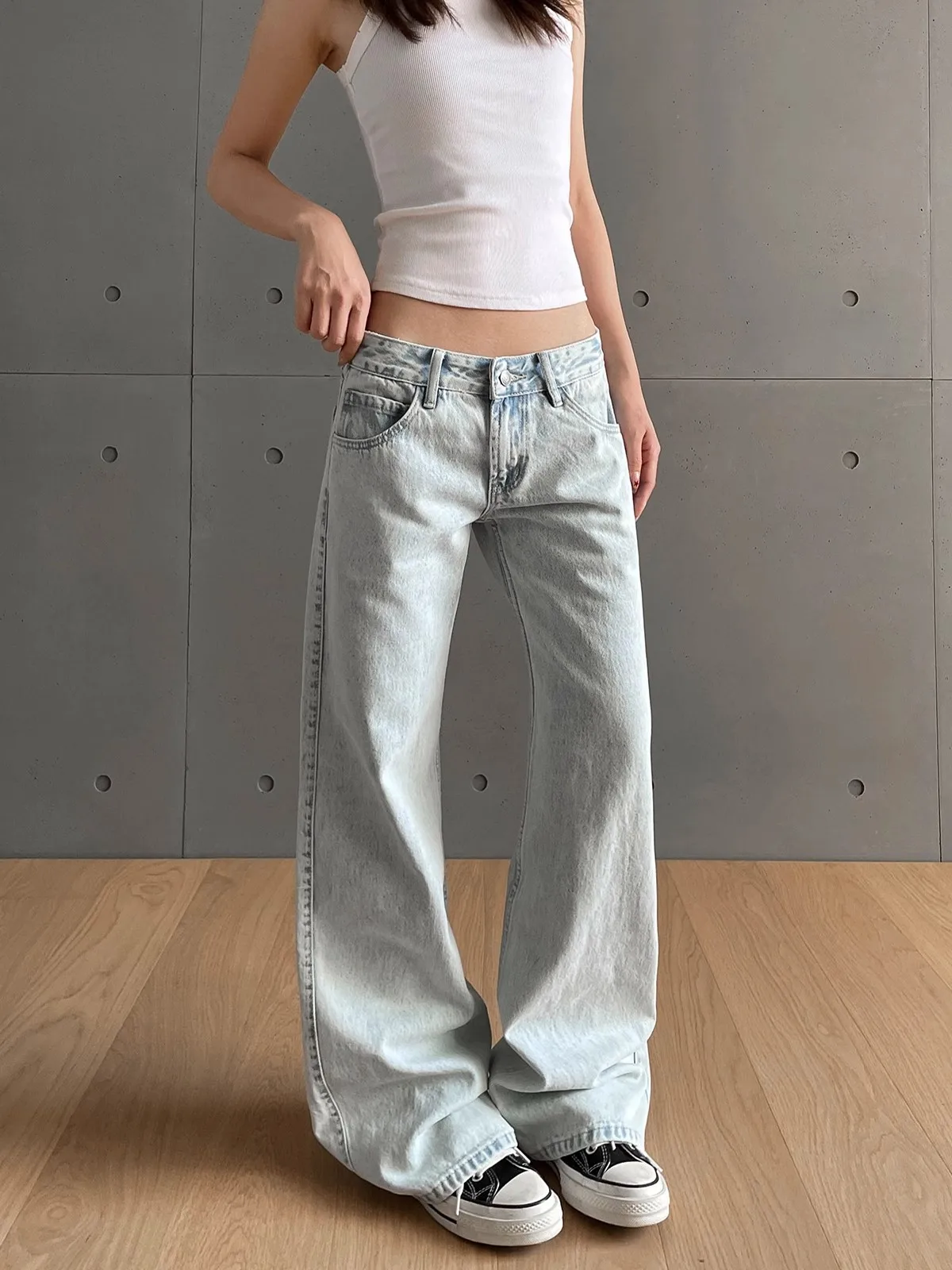 y2k Vintage Damen Jeans Niedrige Taille Reißverschluss Knopf Solide Hose mit Taschen Ästhetische Streetwear Gewaschene Jeans