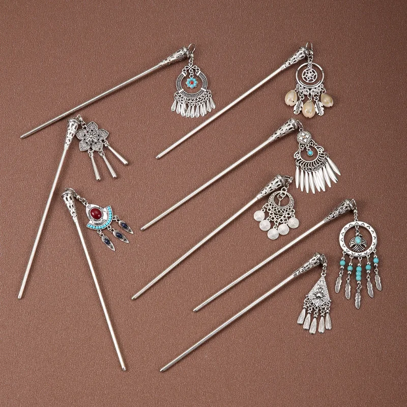 Vintage Ethnic Hollowed Flower Turquoise Tassel Hair Stick Hairpin 2024 New Chinese Metal Hair Clasp Women Headwear Accessories