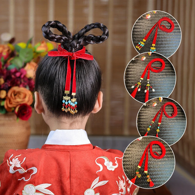 Chinese New Year Bell Tassel Butterfly Plush Ball Hair Rope Ancient Style Hanfu Braided Hair Band For Girls Hair Accessories