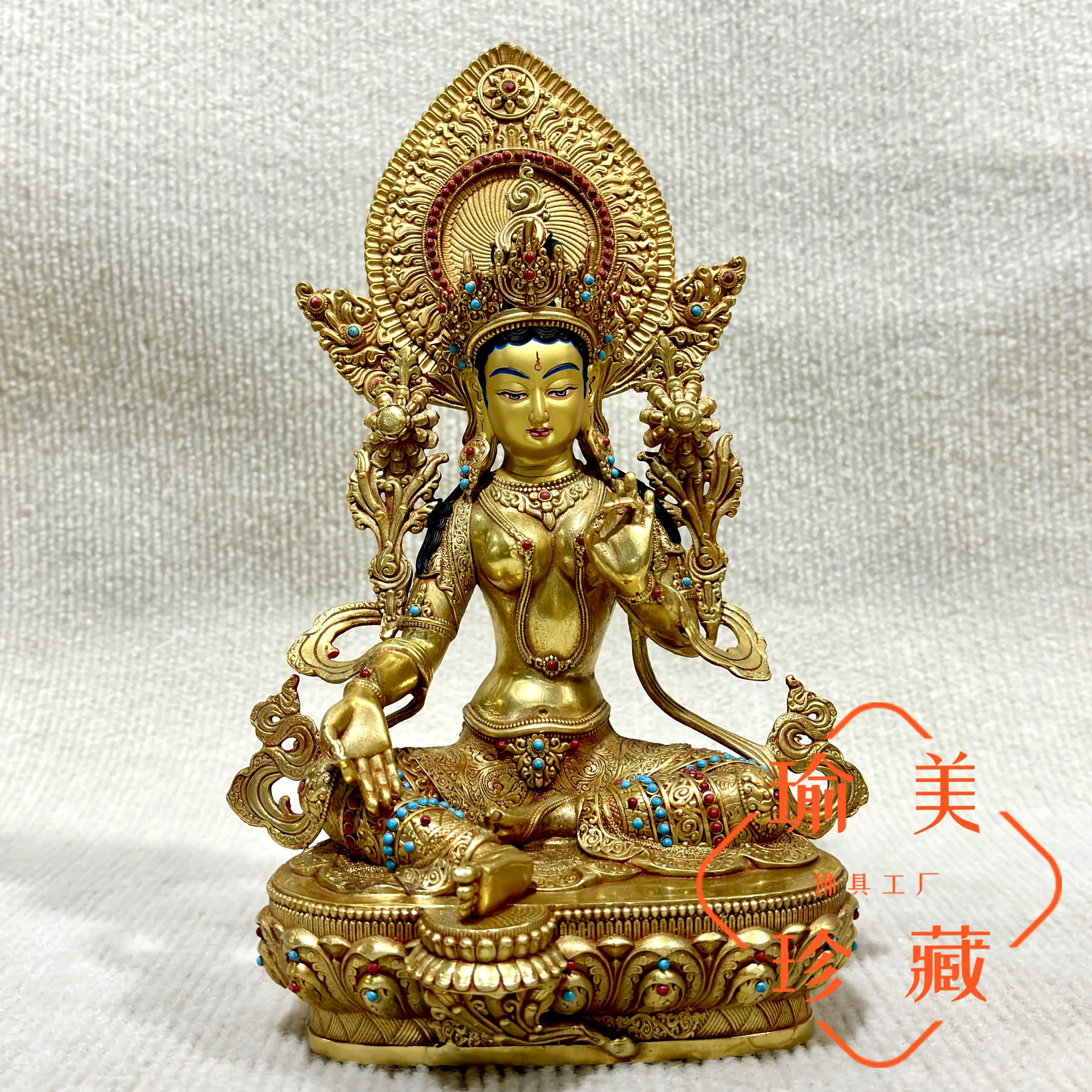 Estatua de Buda de cobre puro dorado Seiko Green Tara, 7 pulgadas de alto (27 cm), incrustada con piedras preciosas, estatua de bronce de tantra tibetana.