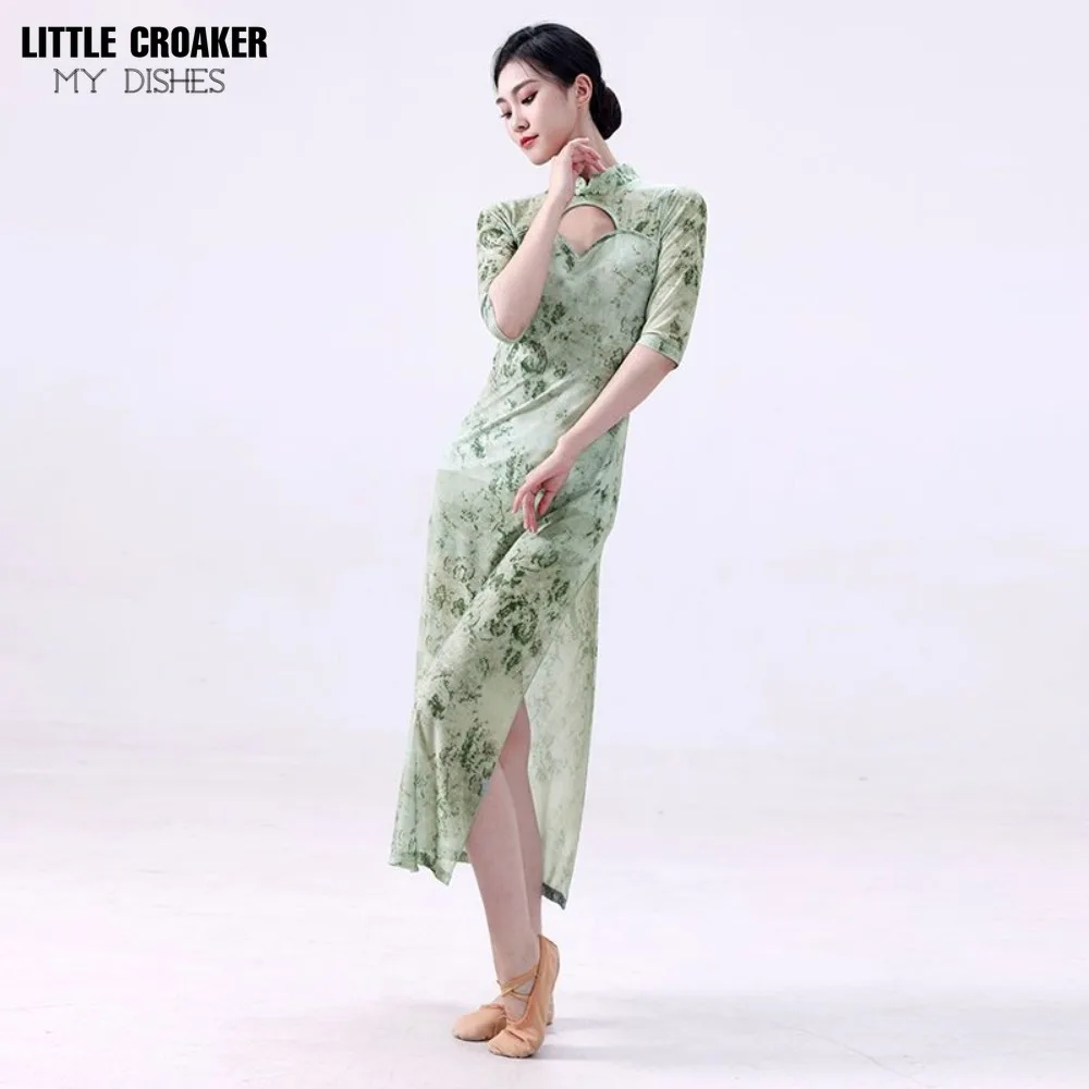 Qipao Split Cheongsam Women Elegant Body Charm Elastic Gauze Clothes Dance Training Clothes Show Thin Dance Performance Clothes