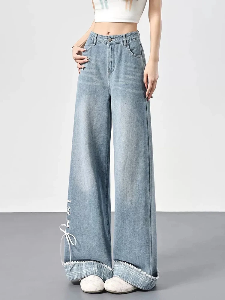 Sweet Lace Up Jeans Women Loose Fashion Lace Patchwork Cute Denim Pants Fall High Waist Casual Preppy Style Wide Leg Trousers